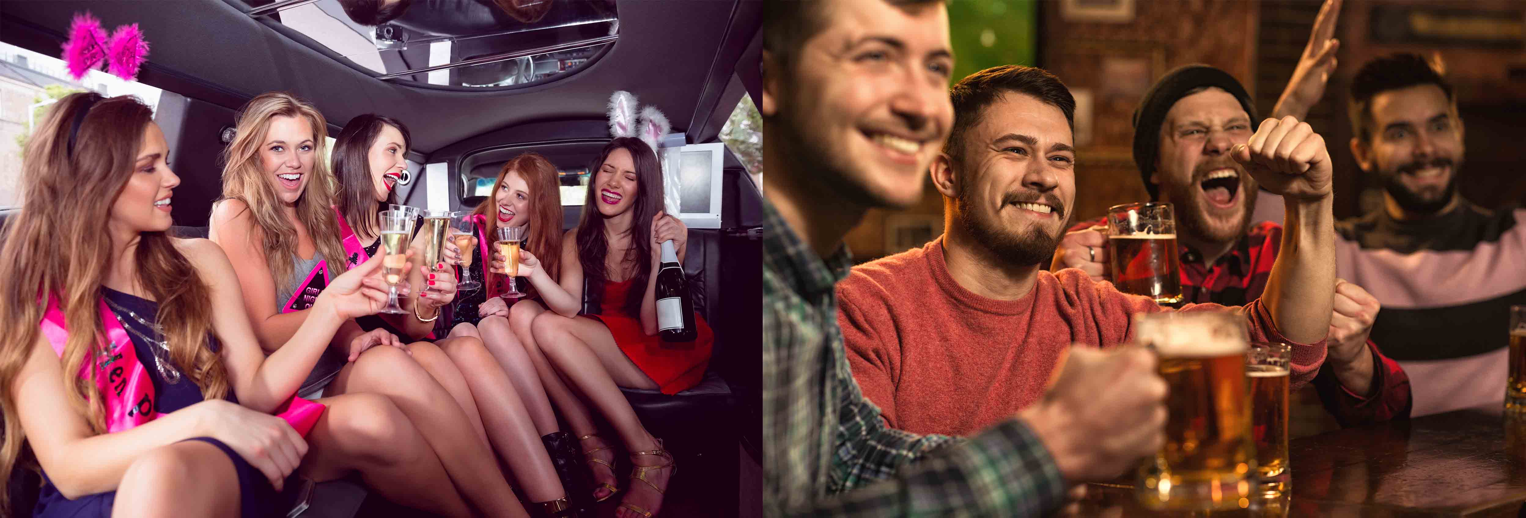 Men and women celebrating their bachelor/bachelorette party limo service in Portland Oregon, limo service, limo service Portland Oregon